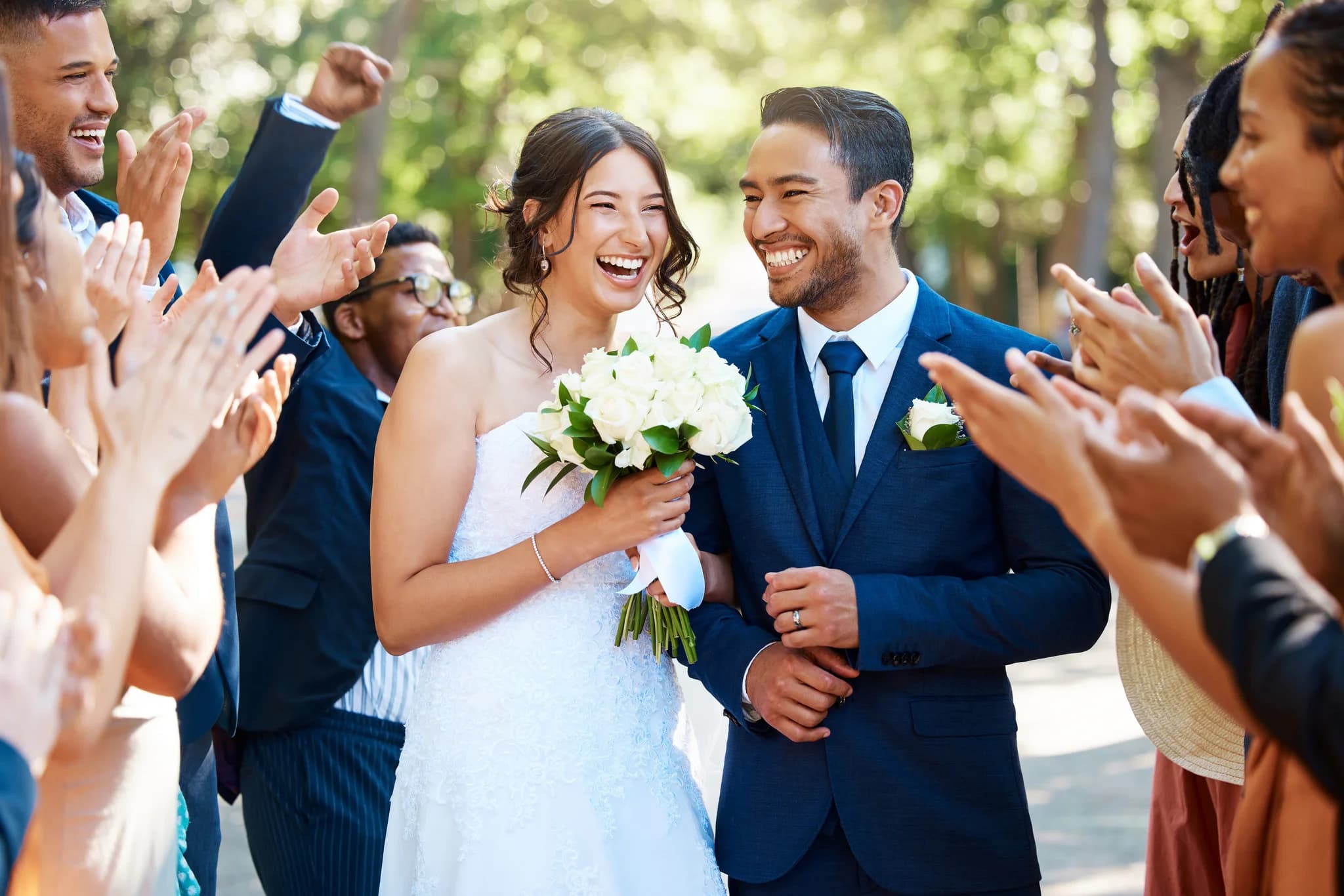 Happy wedding couple smiling